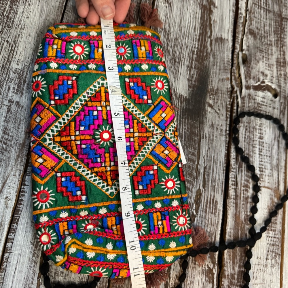 Multicolor Embroidered Rounded Flap Clutch - Green - Picture 7 of 8